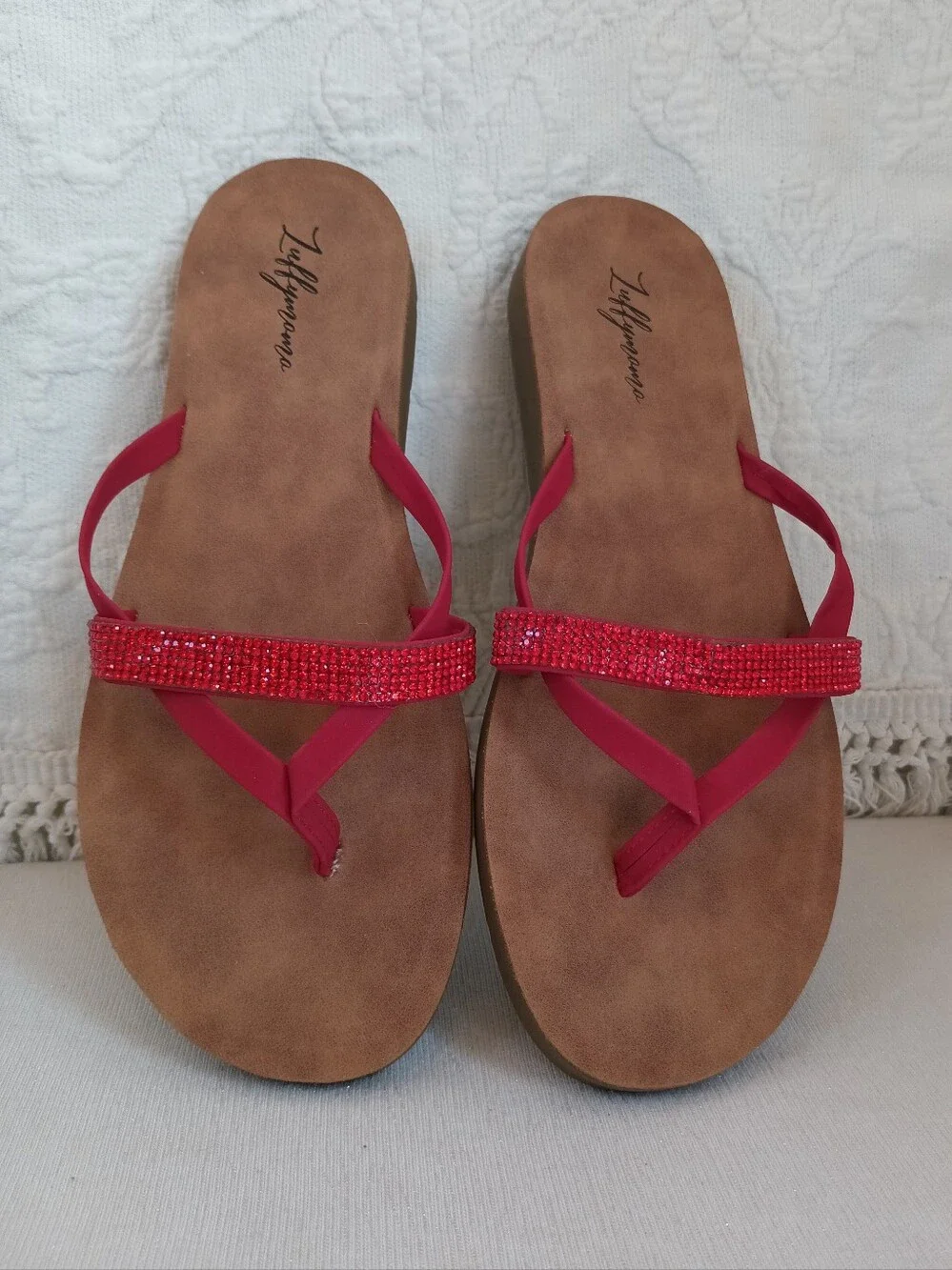 Red Crystal Slide Sandals Soft Suede Flat Strappy Colorful Cute Summer Sparkle 9